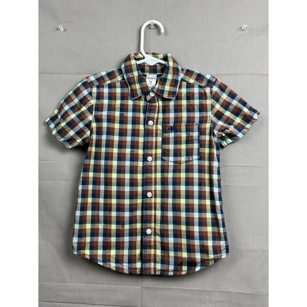 Carter’s Toddler Boys Button-Up Shirt  – Multicolor Plaid Short Sleeve, Size 3T